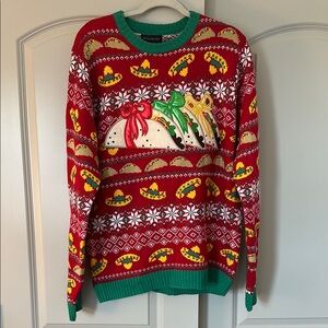 Festive Red Sweater with Taco and Sombrero Design